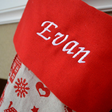 Personalised Red Nordic Pattern Calico Christmas Stocking