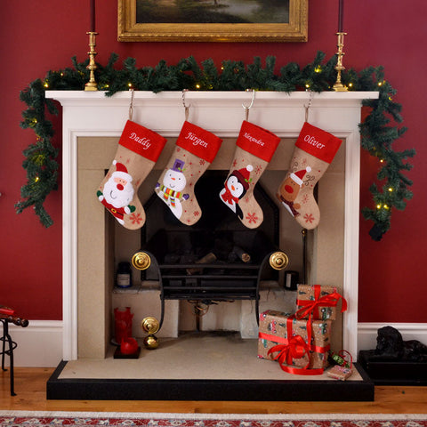 Personalised Red Top Hessian Embroidered Luxury Christmas Stockings with Penguin Reindeer Snowman or Santa