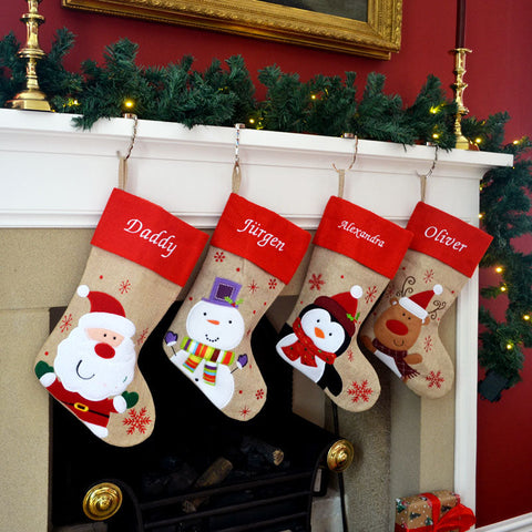 Personalised Red Top Hessian Embroidered Luxury Christmas Stockings with Penguin Reindeer Snowman or Santa