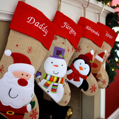 Personalised Red Top Hessian Embroidered Luxury Christmas Stockings with Penguin Reindeer Snowman or Santa