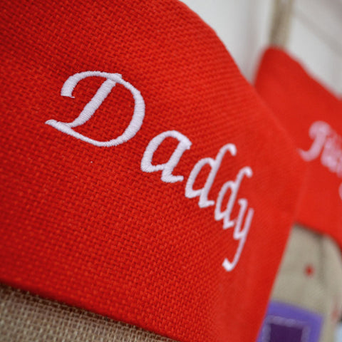 Personalised Red Top Hessian Embroidered Luxury Christmas Stockings with Penguin Reindeer Snowman or Santa