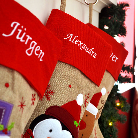 Personalised Red Top Hessian Embroidered Luxury Christmas Stockings with Penguin Reindeer Snowman or Santa