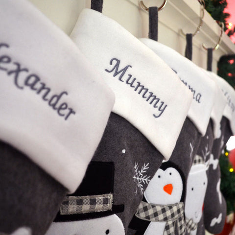 Luxury Deluxe Dark Grey Personalised Embroidered Christmas Stocking Santa / Snowman / Reindeer